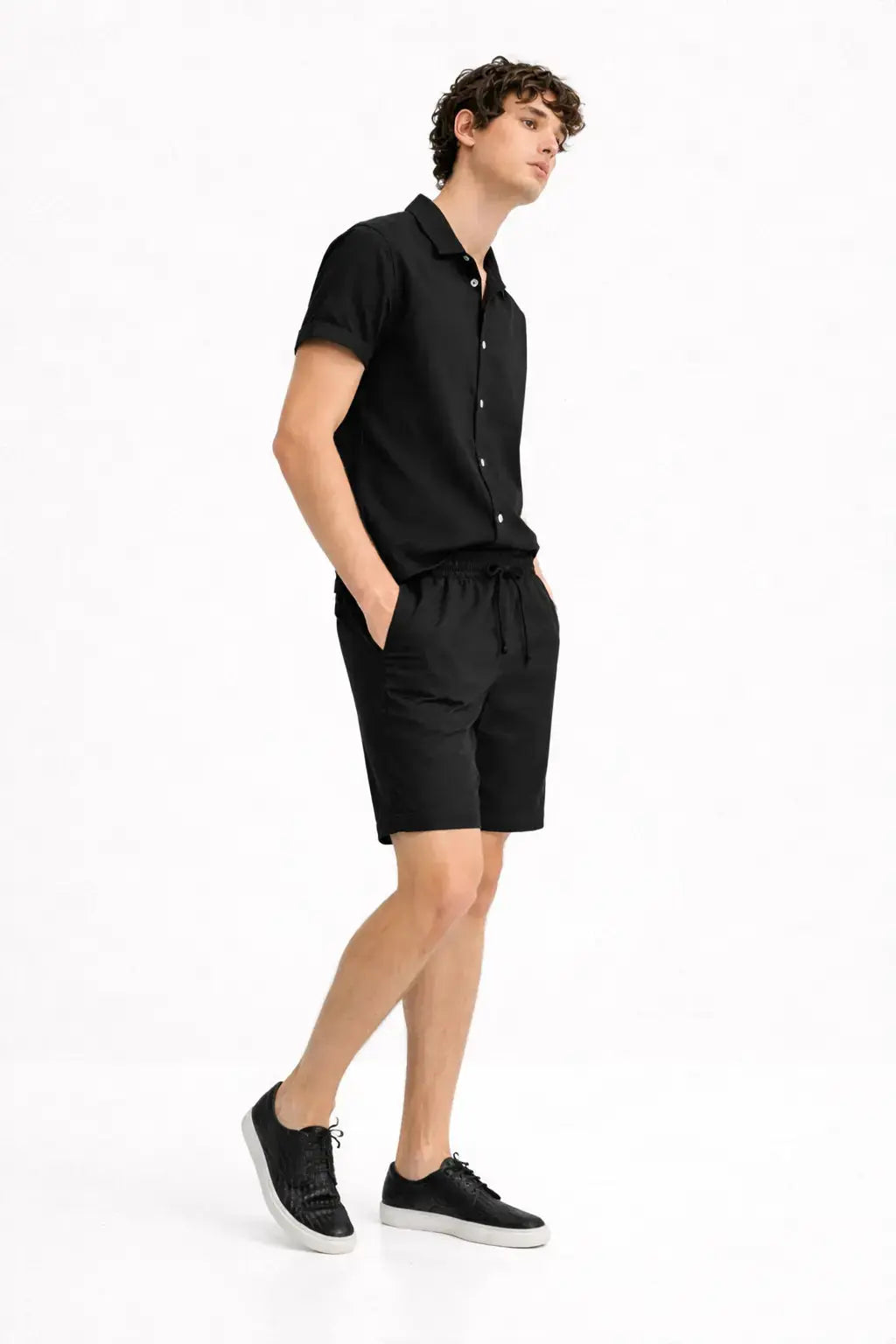 Side view of Linen Rayon Blend Button Up Shirt & Linen Drawstring Shorts, close up