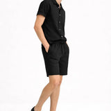 Side view of Linen Rayon Blend Button Up Shirt & Linen Drawstring Shorts, close up