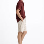 Side view of Linen Rayon Blend Button Up Shirt & Linen Drawstring Shorts, opposite side