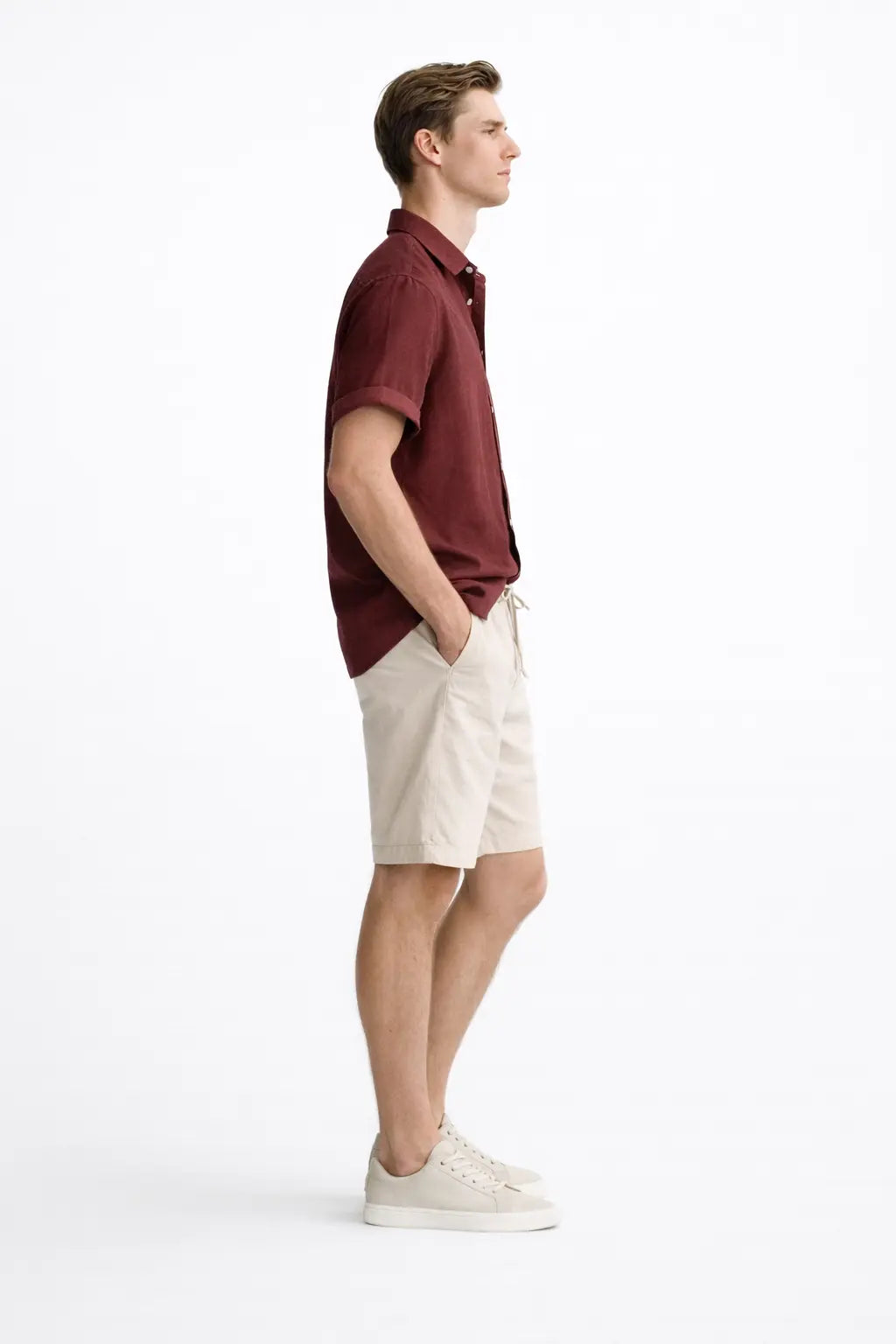 Side view of Linen Rayon Blend Button Up Shirt & Linen Drawstring Shorts, opposite side