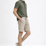 Side view of Linen Rayon Blend Button Up Shirt & Linen Drawstring Shorts