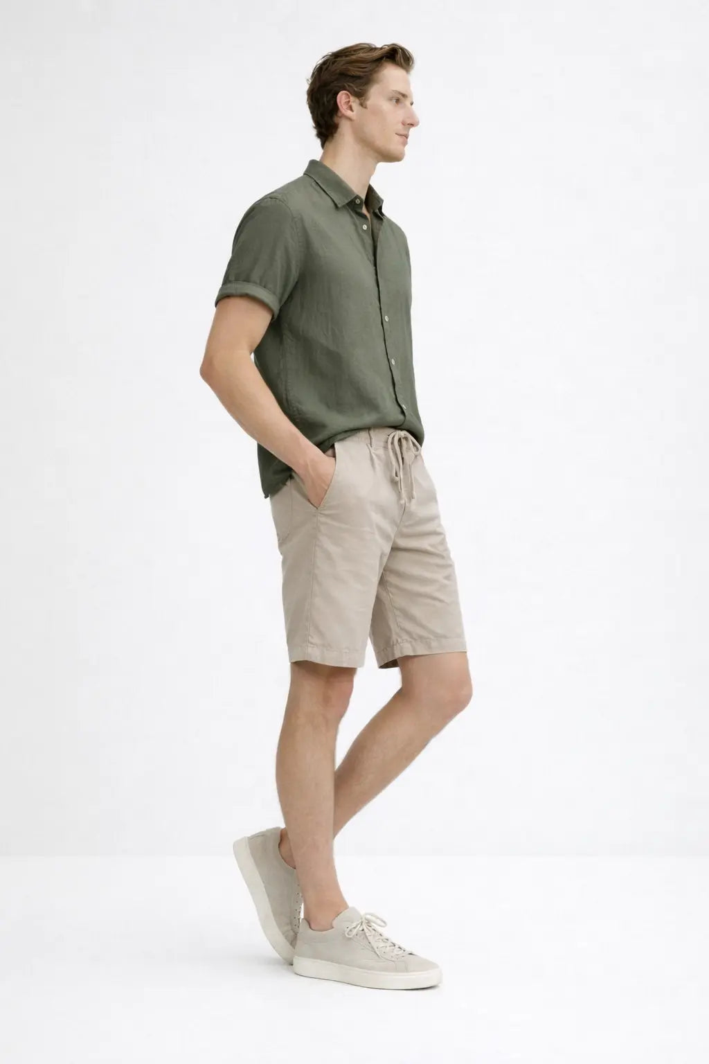 Side view of Linen Rayon Blend Button Up Shirt & Linen Drawstring Shorts