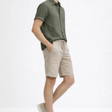Side view of Linen Rayon Blend Button Up Shirt & Linen Drawstring Shorts