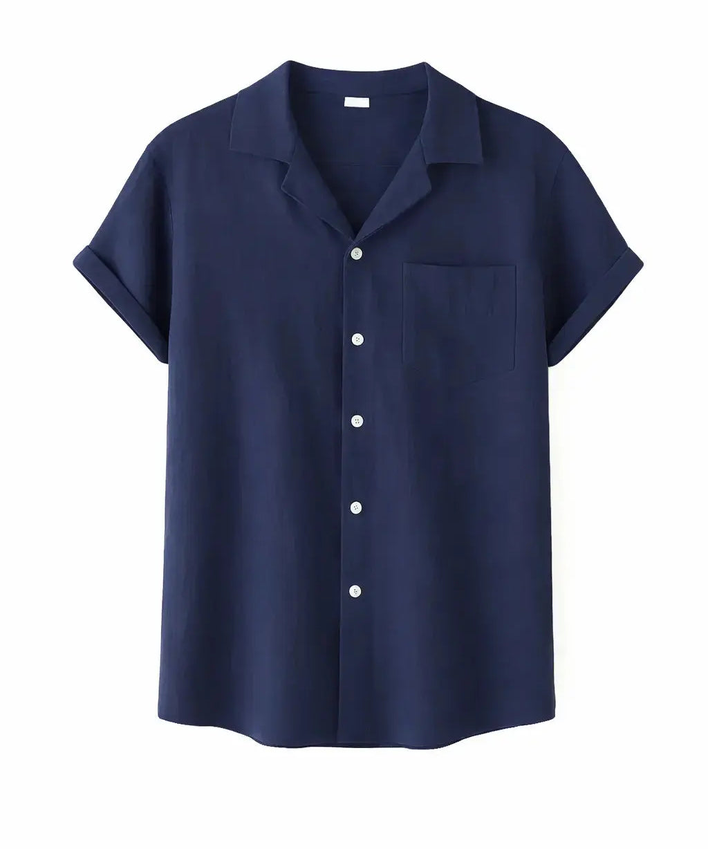Front view of Navy Blue Coastal Linen Shirt