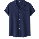 Front view of Navy Blue Coastal Linen Shirt