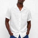 Coastal Linen Shirt shown in a lifestyle setting, full length view