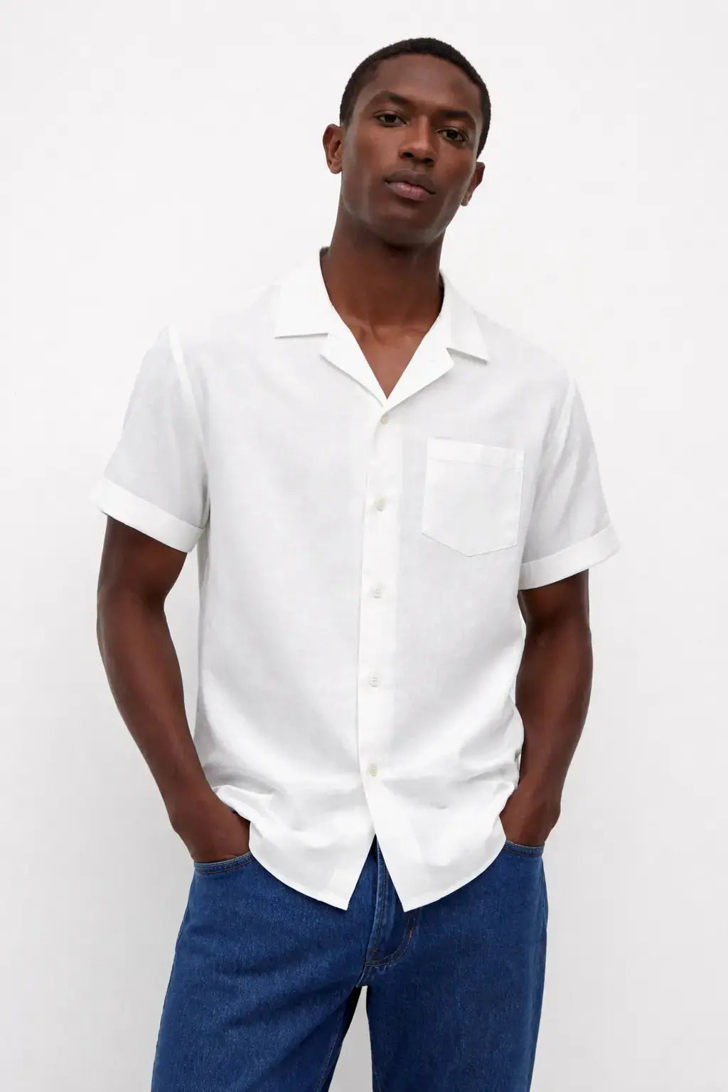 Coastal Linen Shirt shown in a lifestyle setting, full length view