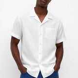 Coastal Linen Shirt shown in a lifestyle setting, full length view