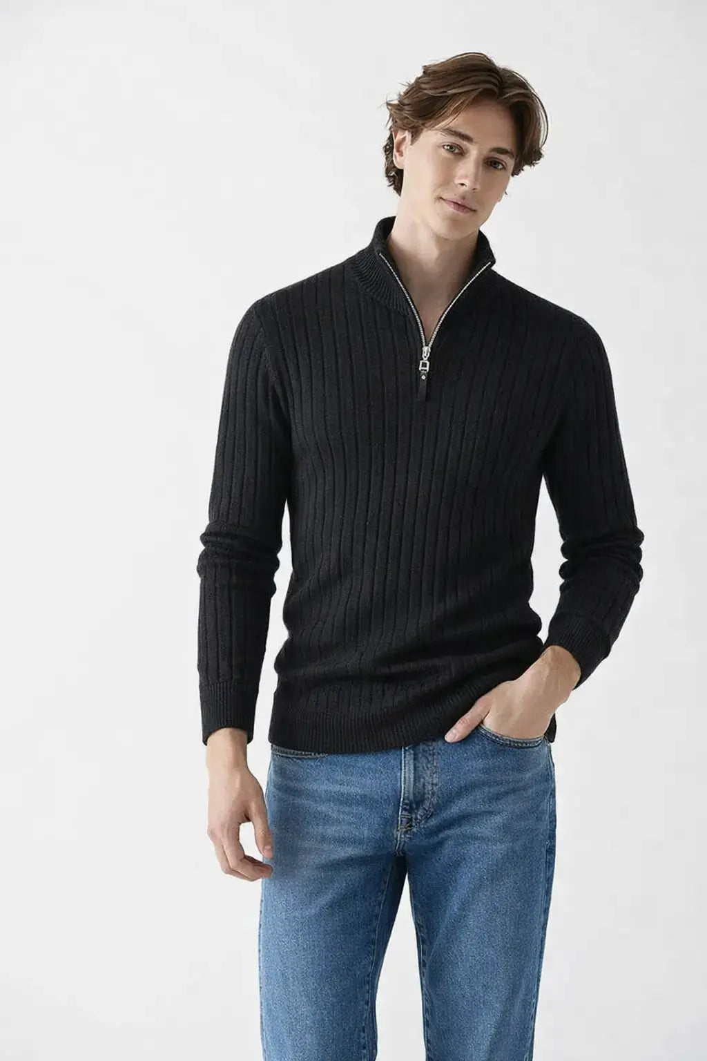 Front view of LIVIGNO High Collar Half Zip Sweater, close up