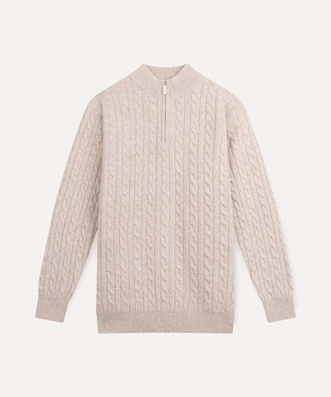 Front view of Light Camel Fernache Old Money Sweater Zip