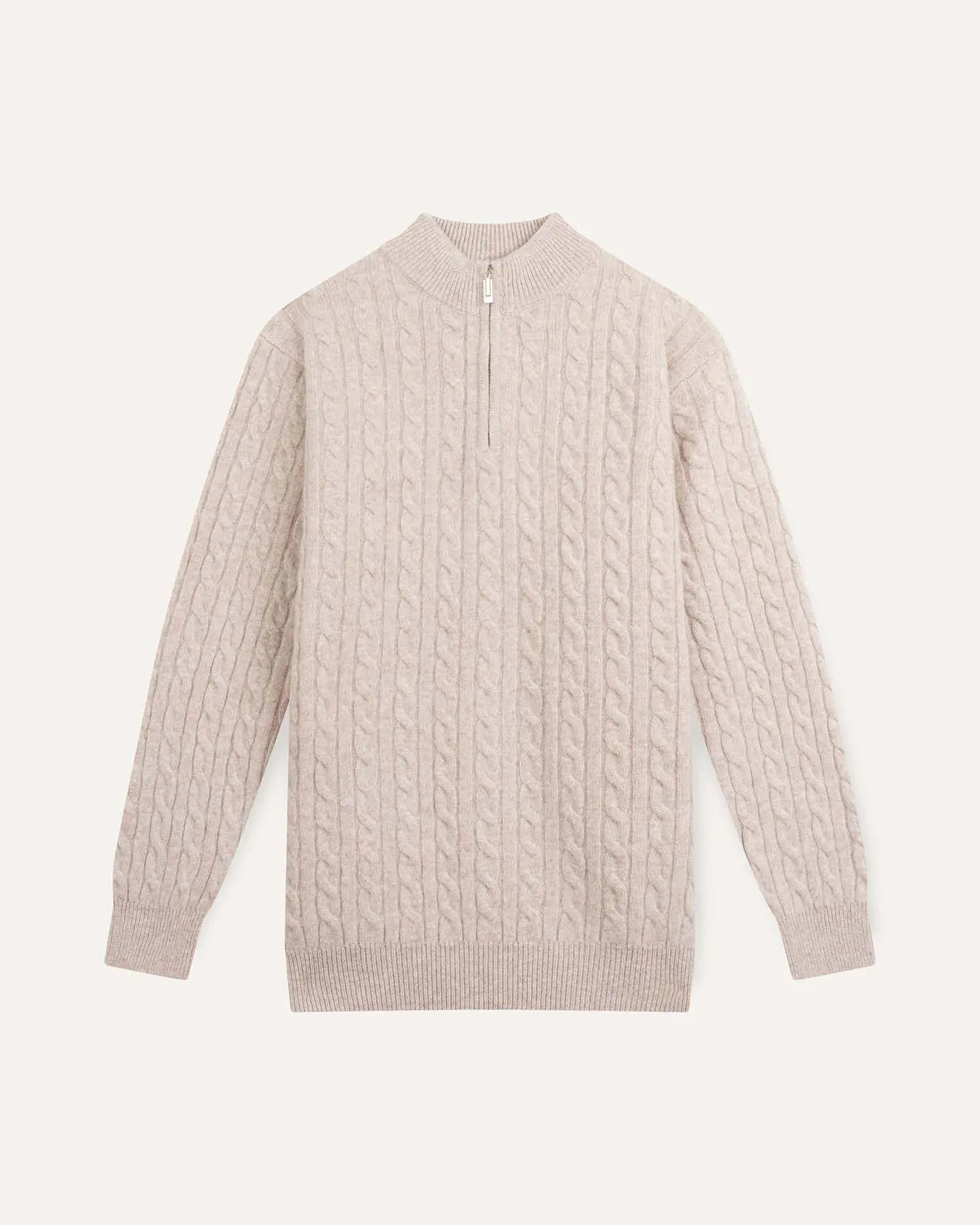 Front view of Light Camel Fernache Old Money Sweater Zip