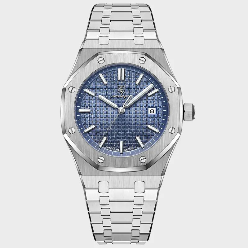 Front view of Silver Blue Luxury Quartz Wristwatch