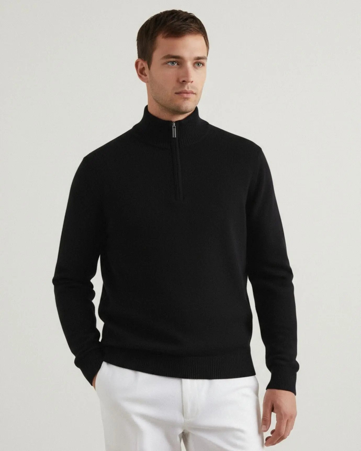 Close-up detail of Madrid Cashmere Zip Sweater, hardware detail