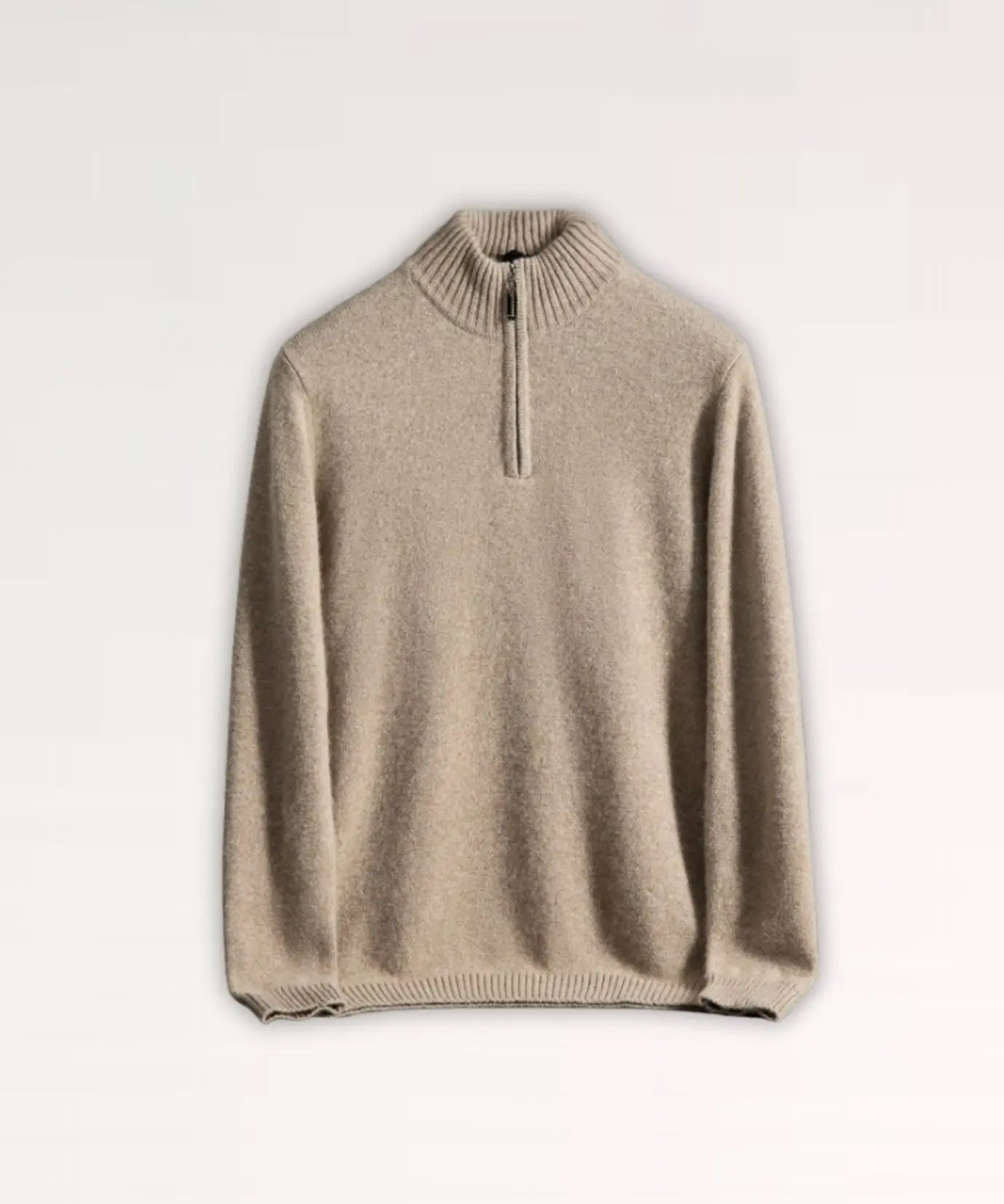 Front view of Dark Camel Madrid Cashmere Zip Sweater