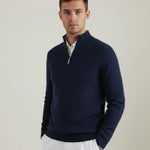 Madrid Cashmere Zip Sweater shown in a lifestyle setting, alternate view