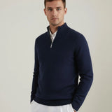 Madrid Cashmere Zip Sweater shown in a lifestyle setting, alternate view
