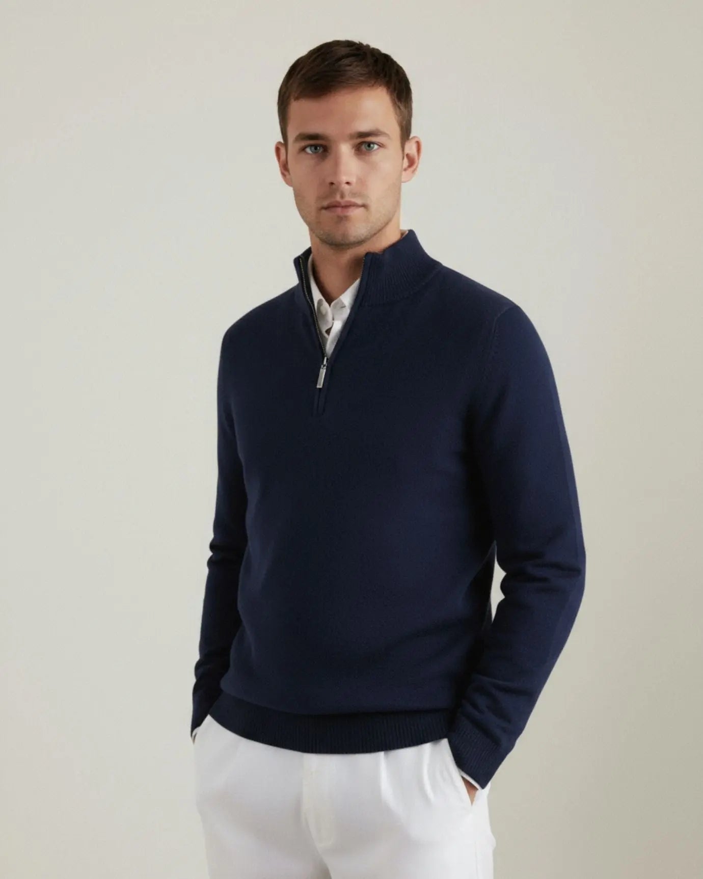 Madrid Cashmere Zip Sweater shown in a lifestyle setting, alternate view