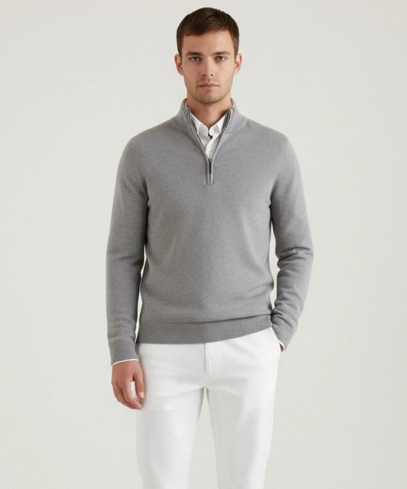 Madrid Cashmere Zip Sweater shown in a lifestyle setting