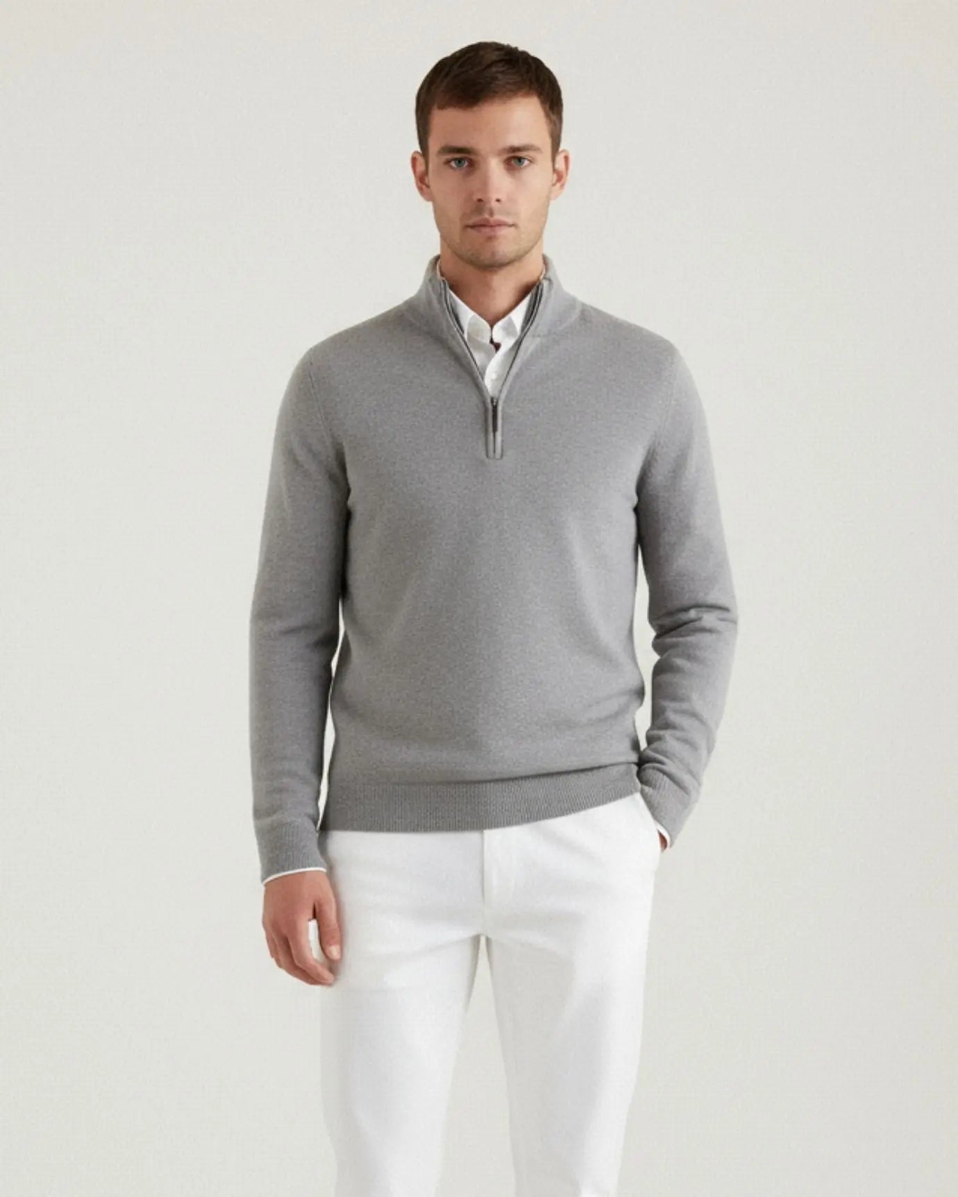 Madrid Cashmere Zip Sweater shown in a lifestyle setting