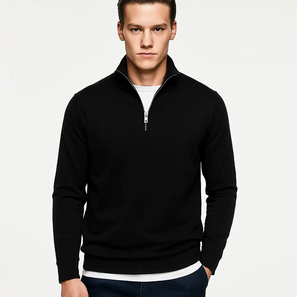 Black Mock Neck Pullover shown in a lifestyle setting