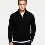 Black Mock Neck Pullover shown in a lifestyle setting