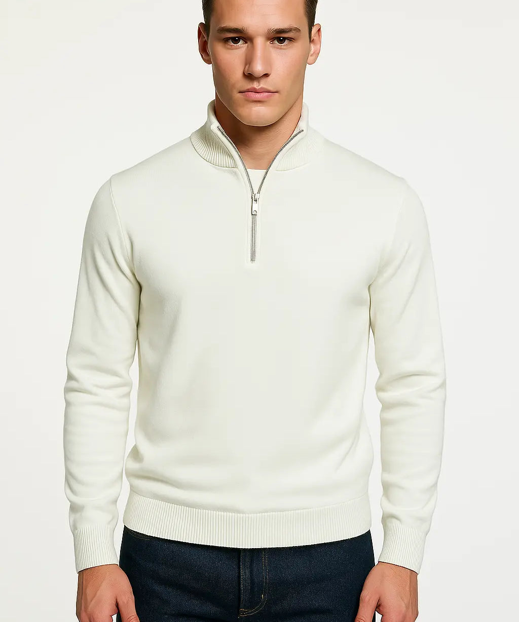 White Mock Neck Pullover shown in a lifestyle setting