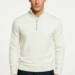 White Mock Neck Pullover shown in a lifestyle setting