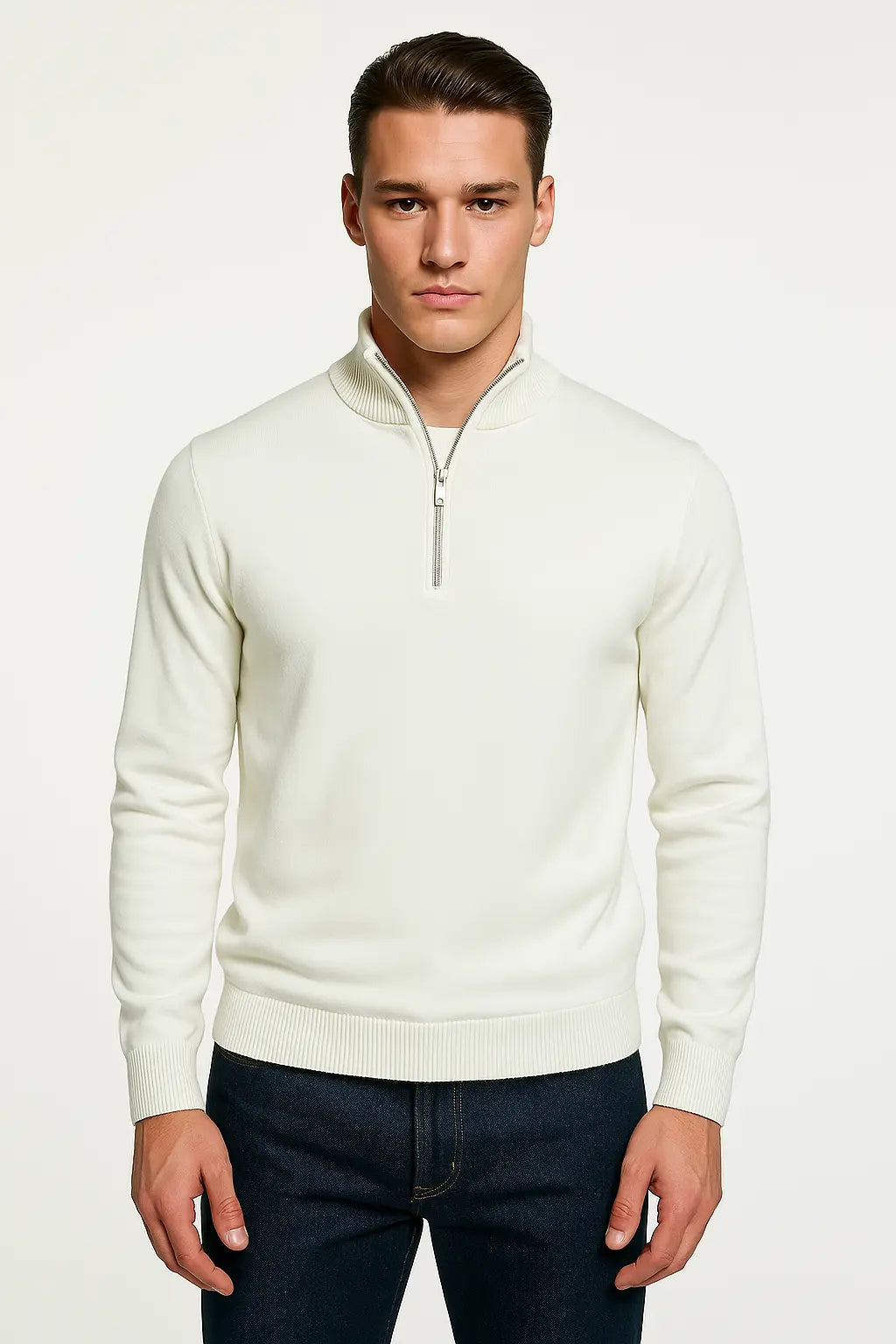 White Mock Neck Pullover shown in a lifestyle setting