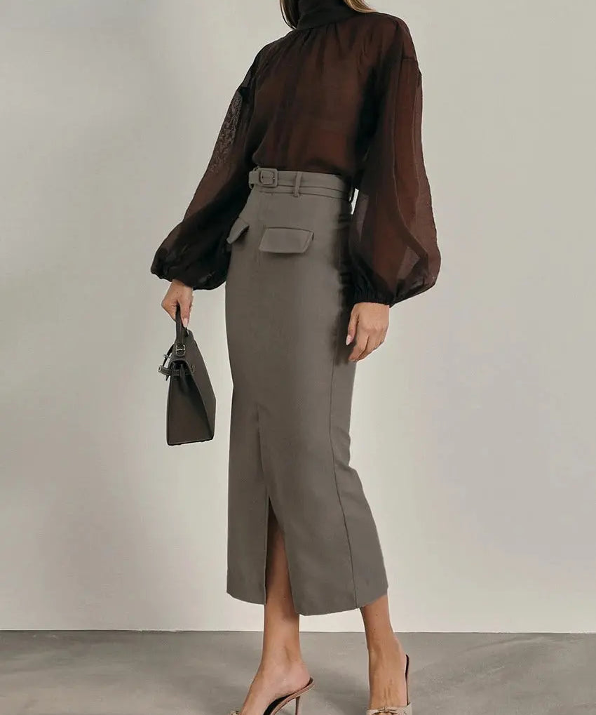 Greige Nina Skirt shown in a lifestyle setting