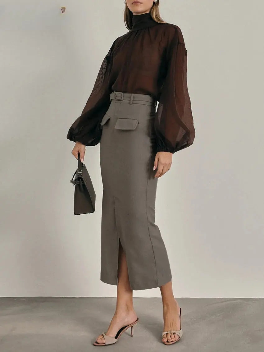 Greige Nina Skirt shown in a lifestyle setting