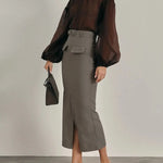 Greige Nina Skirt shown in a lifestyle setting