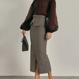 Greige Nina Skirt shown in a lifestyle setting