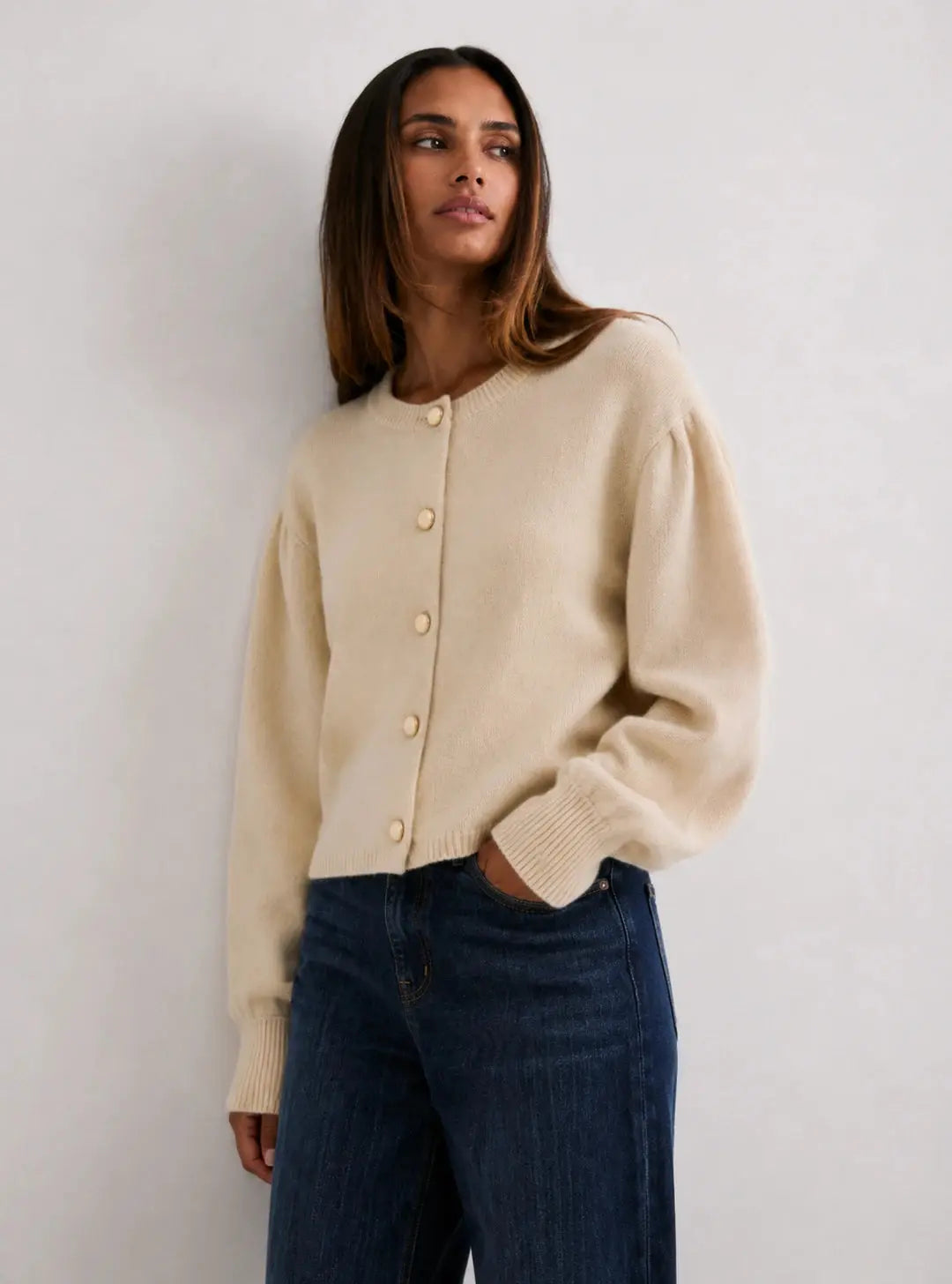 Nivelle Cardigan shown in a lifestyle setting, alternate view