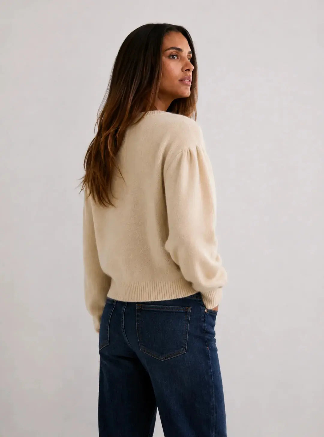 Nivelle Cardigan shown in a lifestyle setting, full length view