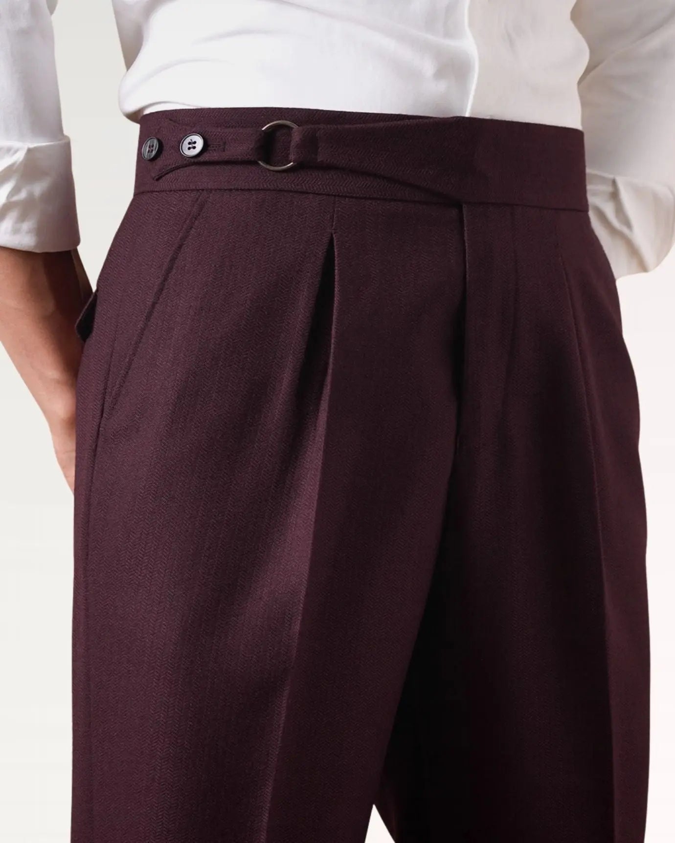 Close-up detail of Non Iron High Waist Business Trousers Burgundy Red, fabric detail