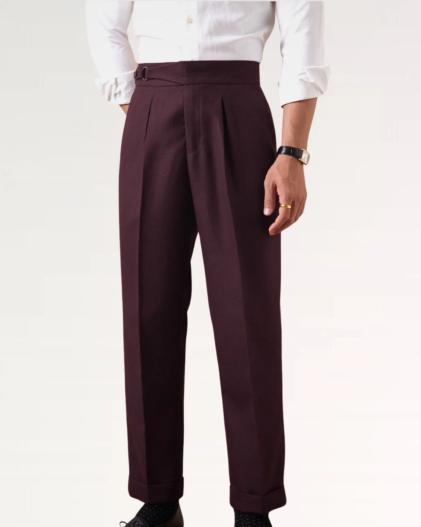 Close-up detail of Non Iron High Waist Business Trousers Burgundy Red