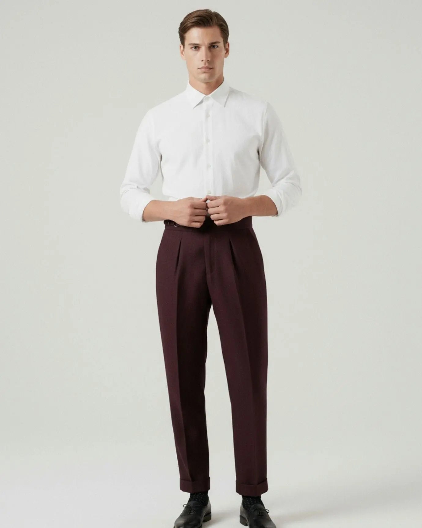 Non Iron High Waist Business Trousers Burgundy Red shown in a lifestyle setting, alternate view