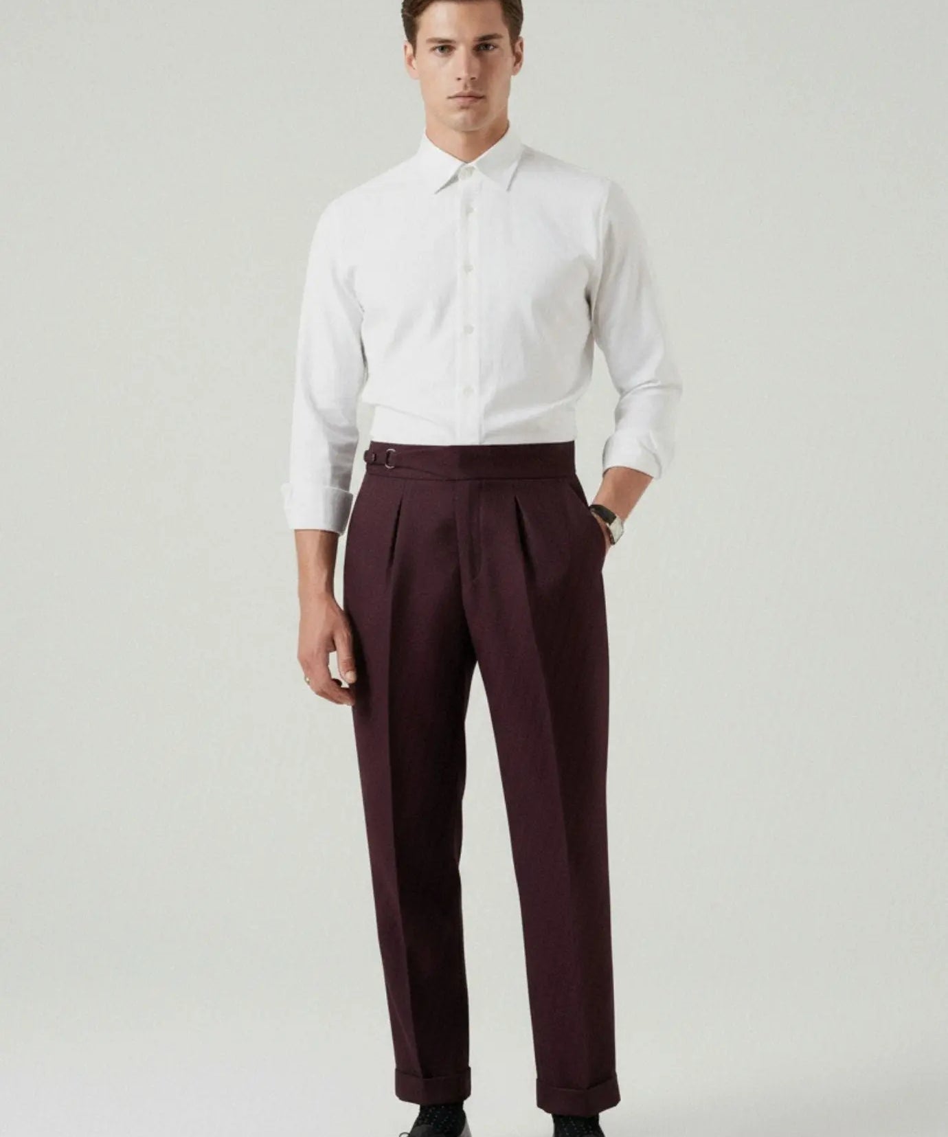Non Iron High Waist Business Trousers Burgundy Red shown in a lifestyle setting