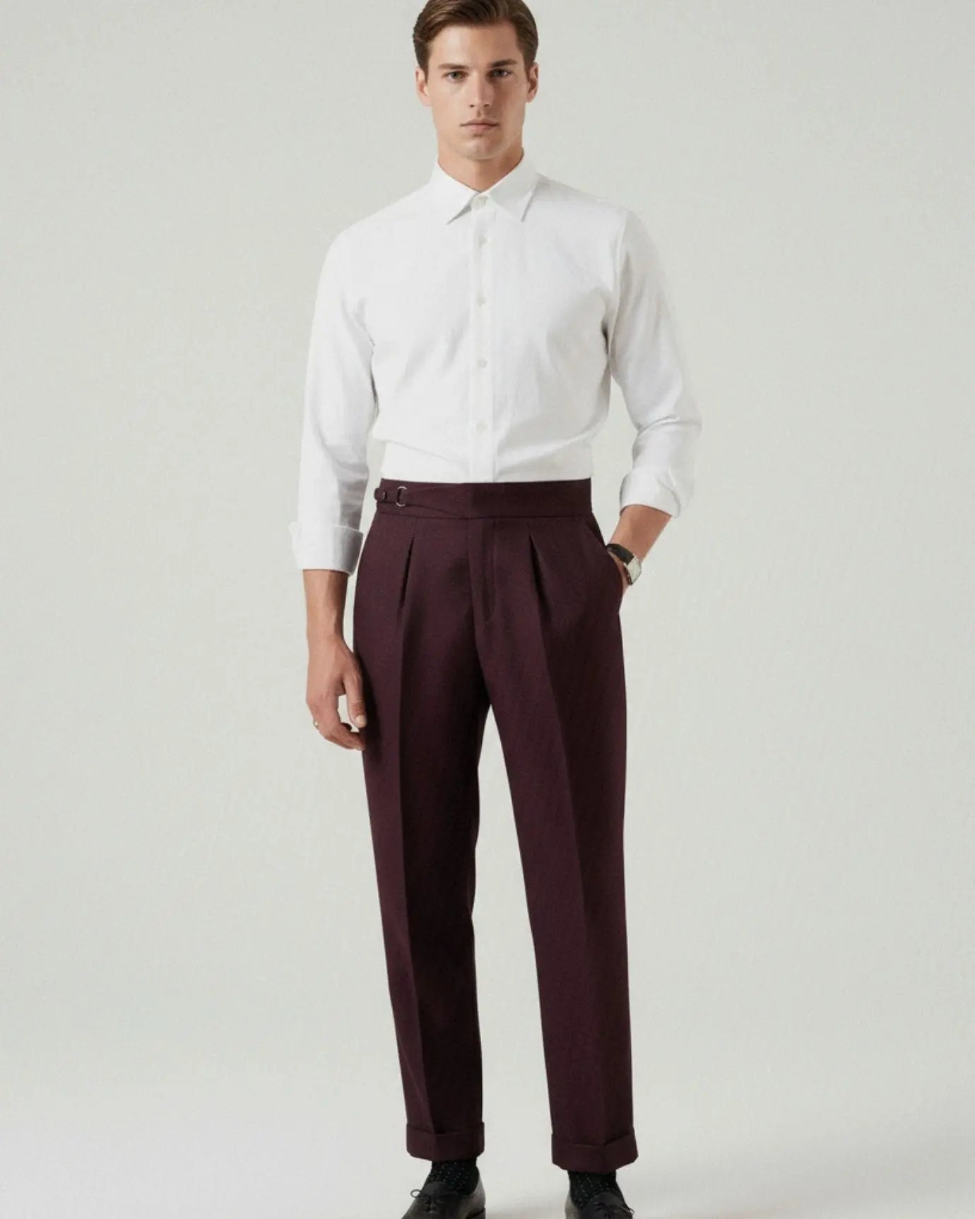 Non Iron High Waist Business Trousers Burgundy Red shown in a lifestyle setting