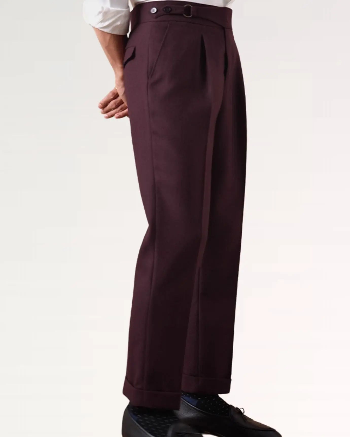 Side view of Non Iron High Waist Business Trousers Burgundy Red