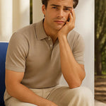 Beige Cotton Polo Shirt shown in a lifestyle setting