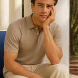 Beige Cotton Polo Shirt shown in a lifestyle setting