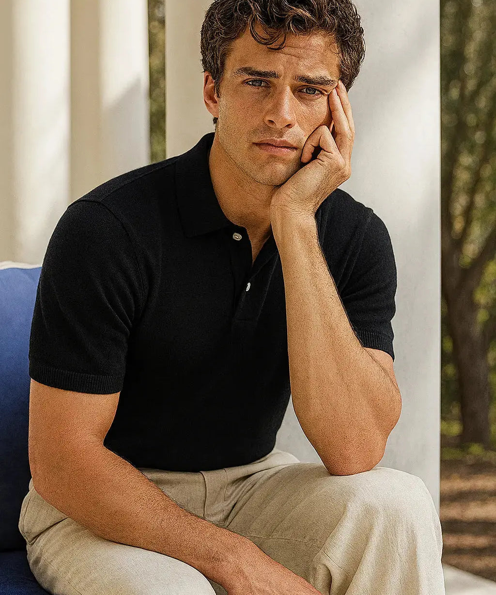 Black Cotton Polo Shirt shown in a lifestyle setting