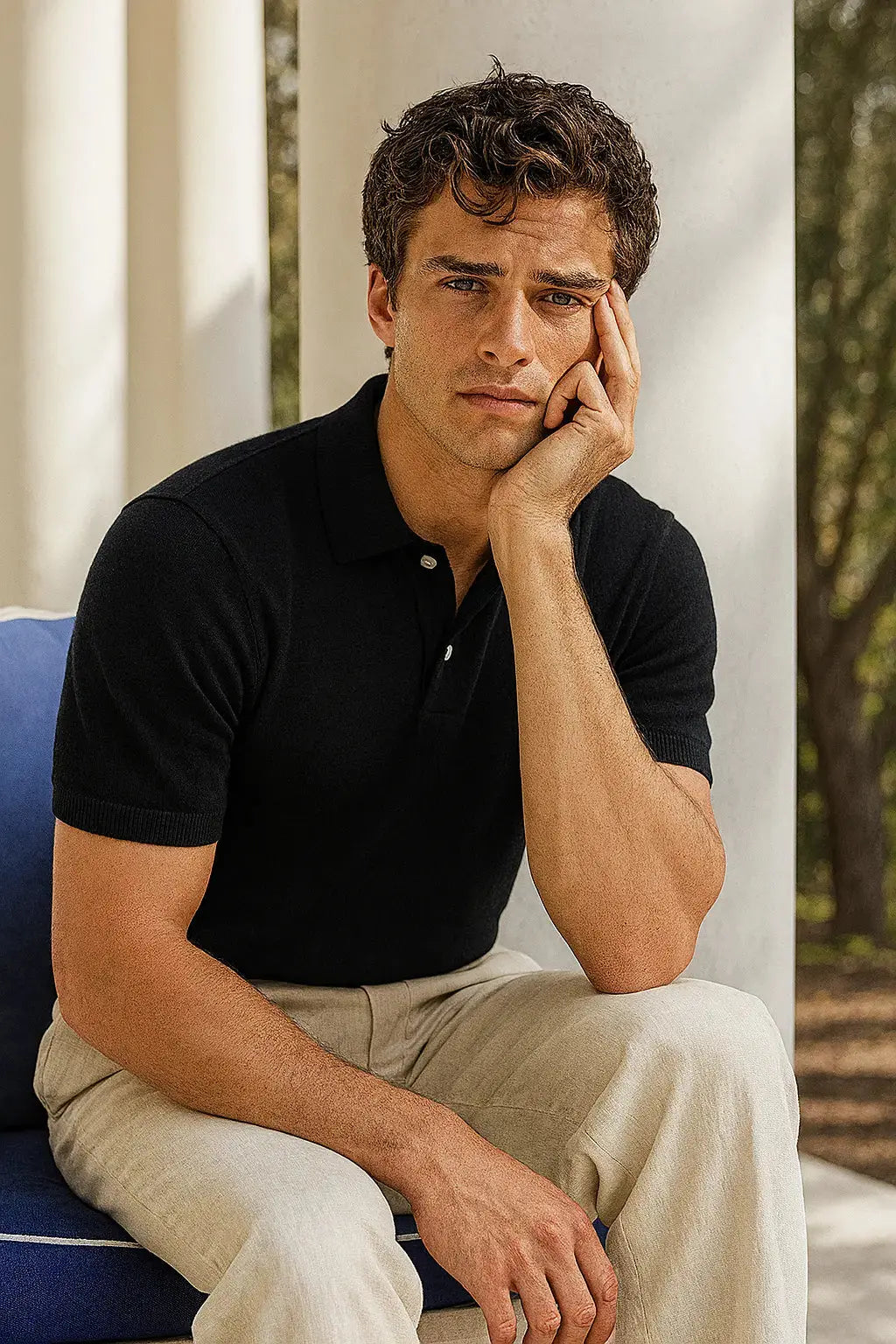 Black Cotton Polo Shirt shown in a lifestyle setting