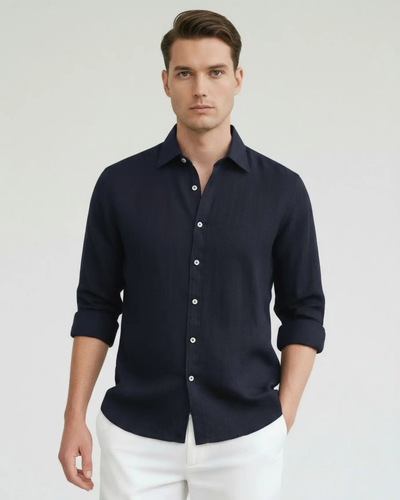 Old Money Retro Style Shirt shown in a lifestyle setting, side angle view