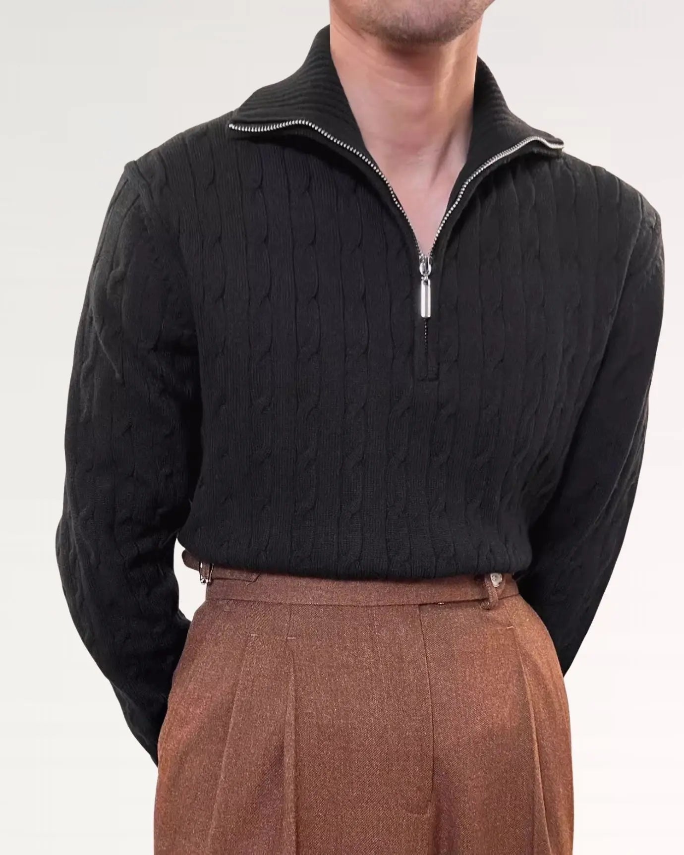 Close-up detail of Old Money Retro Sweater Zip, construction detail