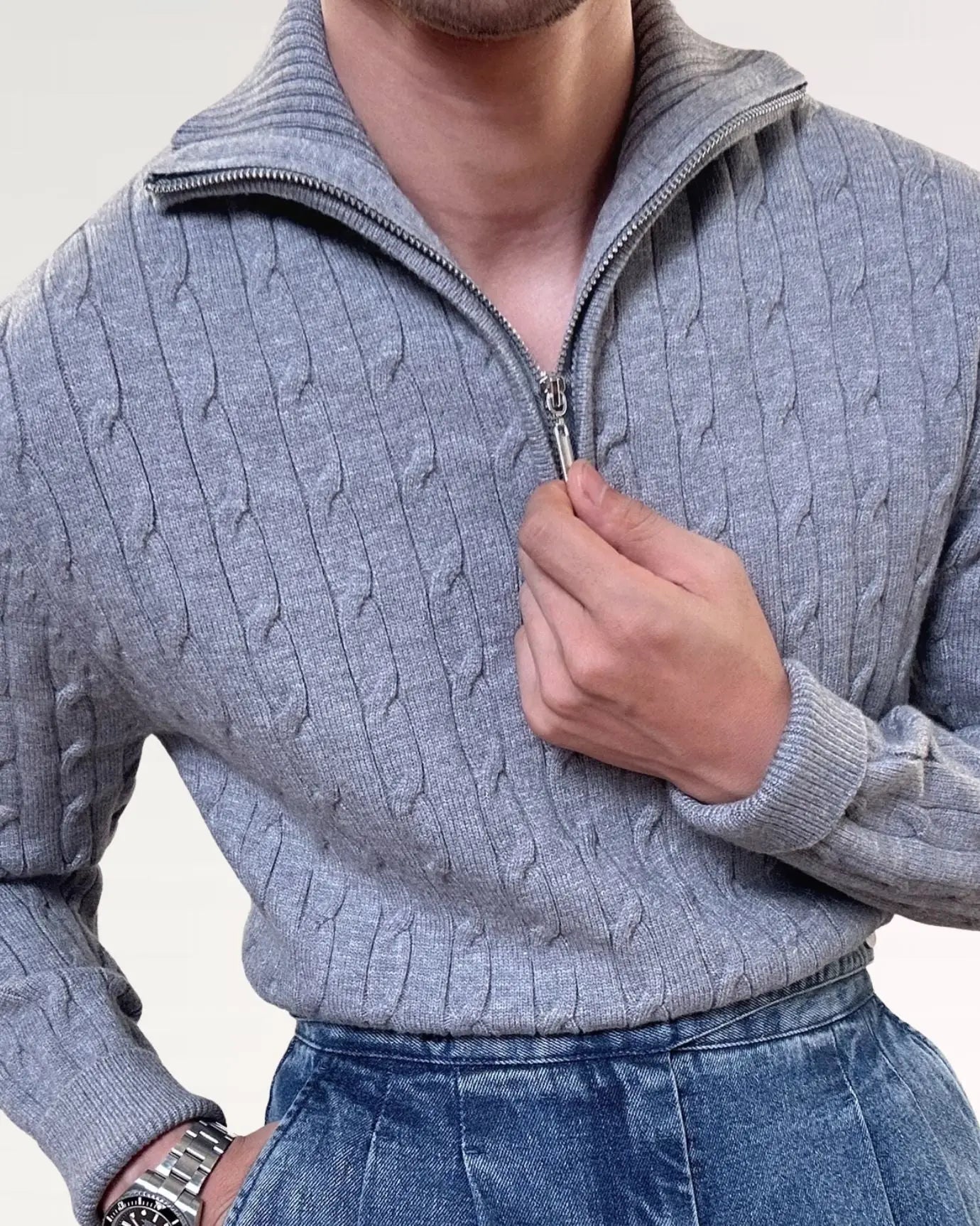 Close-up detail of Old Money Retro Sweater Zip, hardware detail