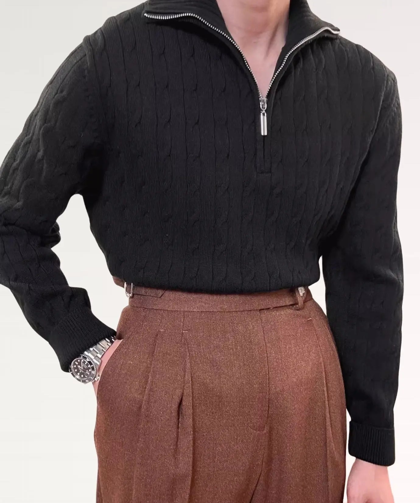 Black Old Money Retro Sweater Zip shown in a lifestyle setting