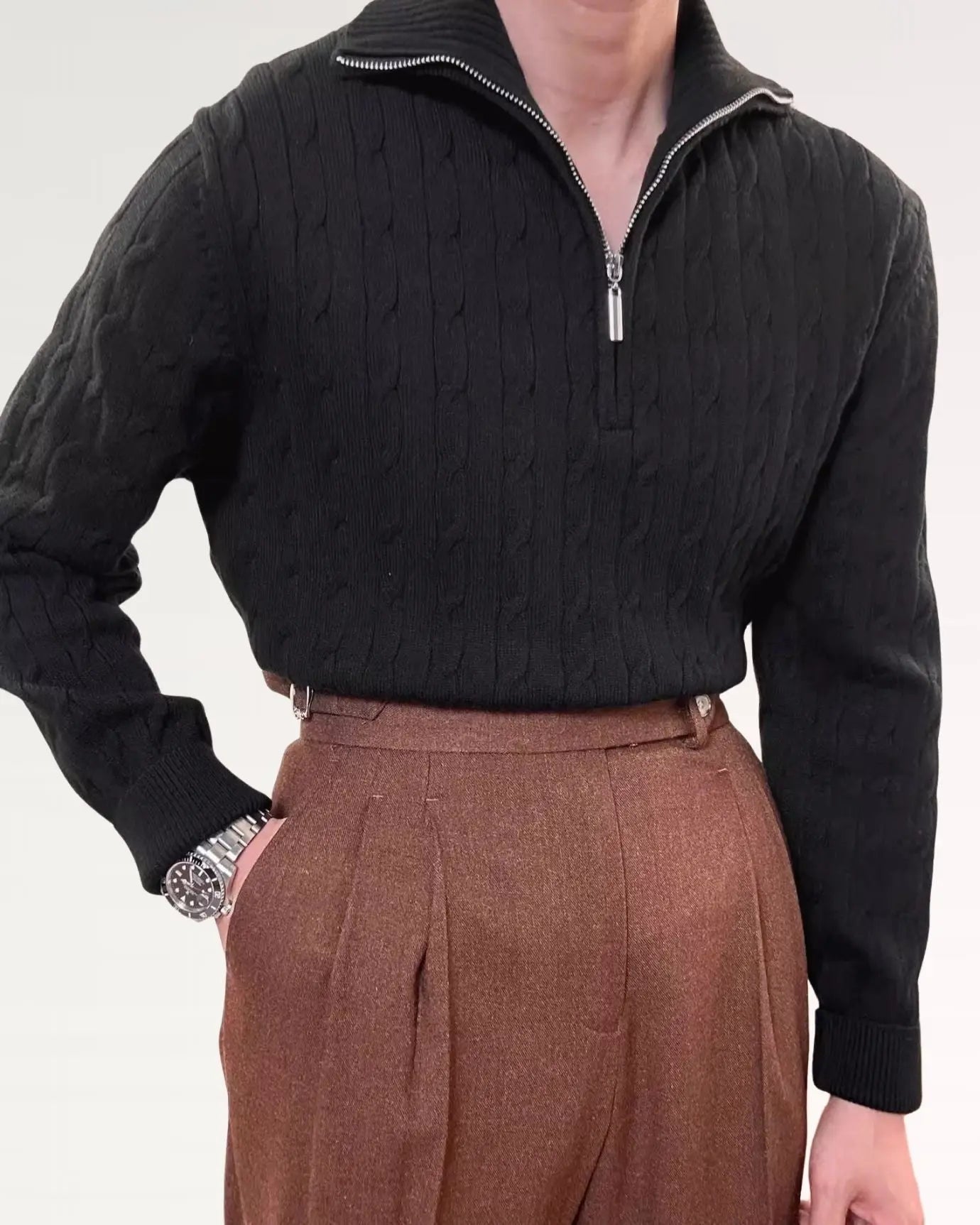 Black Old Money Retro Sweater Zip shown in a lifestyle setting