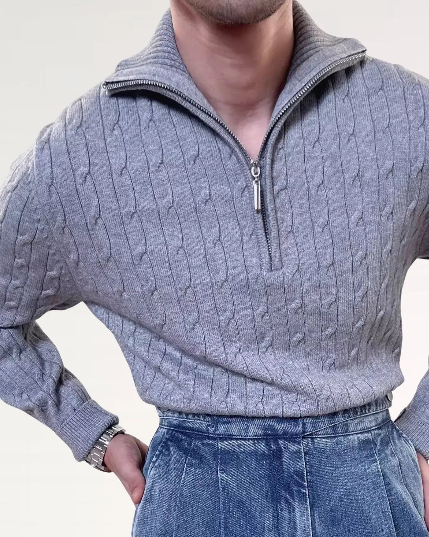 Old Money Retro Sweater Zip shown in a lifestyle setting, full length view